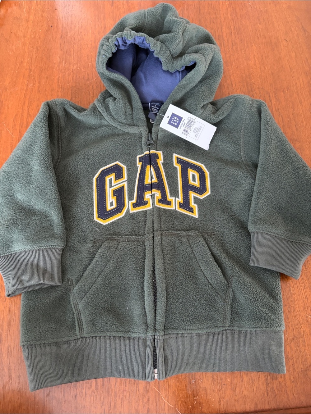 🫐3/$30 NWT GAP Olive Green Fleece Hoodie with Yellow Trim Size 2